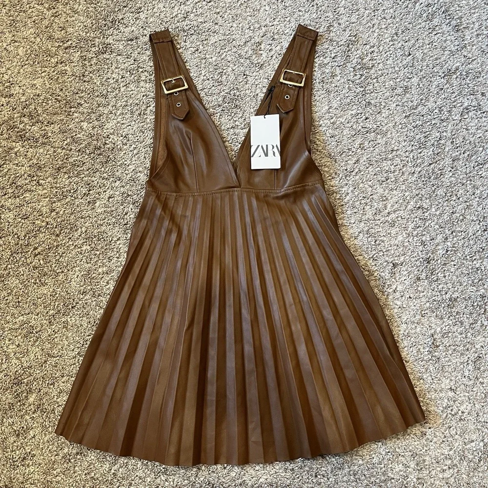 Zara Brown Faux Leather Pleated Strapless Pinafore Dress